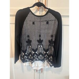 DEMOCRACY Black Lace Trim Long Sleeve Knit Top Women's Size M boho chic fairy